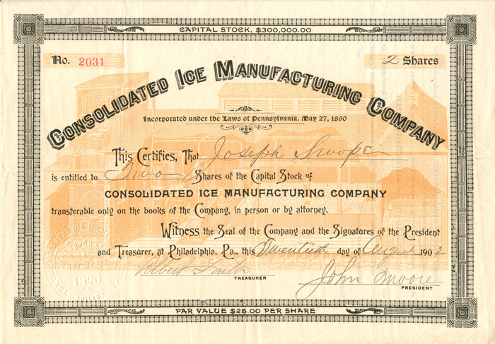 Consolidated Ice Manufacturing Co.  - Stock Certificate